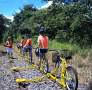 Four Riders one Standing while on a railbike tour in Costa Rica