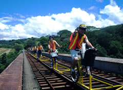 Thumbs up! Crossing the tallest railroad bridge in Costa Rica on a railbike tour